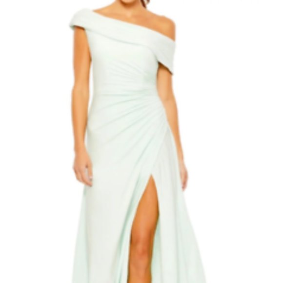 MAC DUGGAL FOR OVER RUCHED JERSEY THIGH SLIT MINT GREEN MIDI DRESS sz 2 - Picture 3 of 3